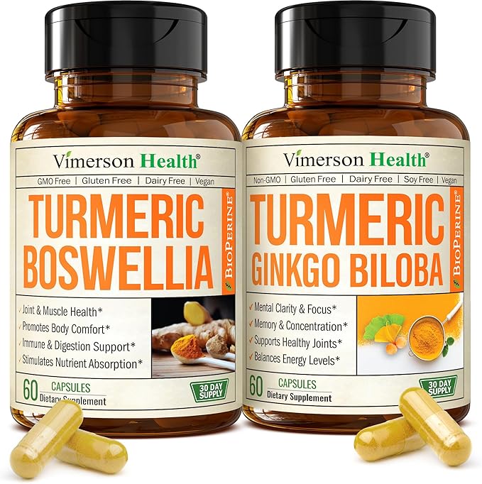 Boswellia Turmeric Curcumin Supplement + Turmeric Ginkgo Biloba Bundle – Natural Turmeric Supplement for Focus Memory Joint &amp Brain Health – with Ginger Root Curcuma Black pepper &amp Organic