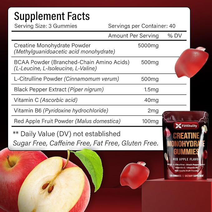 Premium 120 Creatine Gummies - Formulation with Creatine Monhydrate Vitamin C &amp B6 - Vegan Non-GMO Sugar-Free Red Apple Flavor