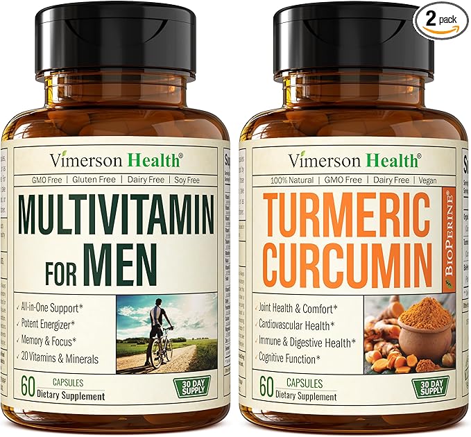 Vimerson Health Men's Multivitamin + Turmeric Curcumin with Black Pepper Extract Bundle. Joint and Immune Support Discomfort Relief Antioxidant Properties for Him