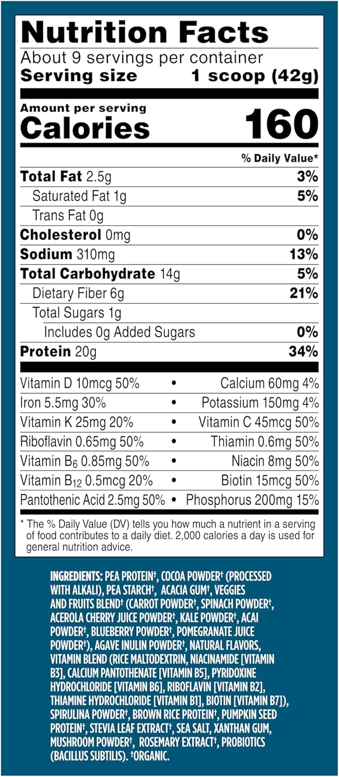 Vega Organic All-in-One Vegan Protein Powder Chocolate - Superfood Ingredients Vitamins for Immunity Support Keto Friendly Pea Protein for Women &amp Men 13.2 oz (Packaging May Vary)