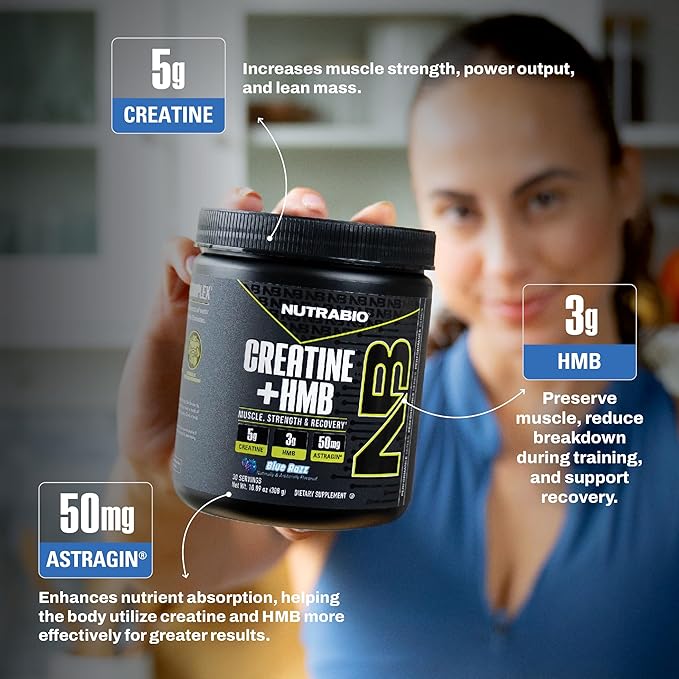 NutraBio Creatine + HMB- Creatine Monohydrate with HMB Powder for Muscle Growth Increased Strength- 30 Servings (Blue Razz)