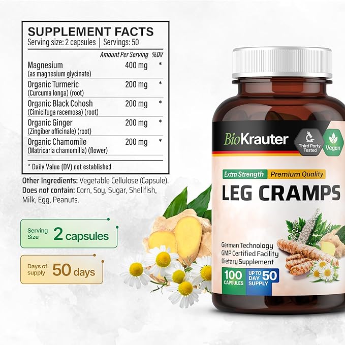 BIO KRAUTER® Magnesium Glycinate for Leg Сramps &amp Relax - 5-in-1 Formula Magnesium Glycinate 400mg with Turmeric Black Cohosh Ginger Chamomile 1200 mg 100 Caps - No Fillers Non-GMO 50-Day Sup