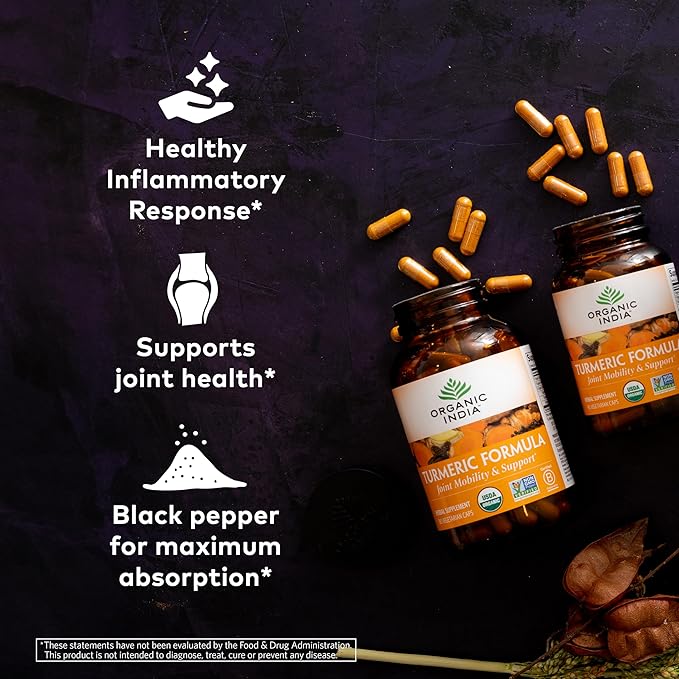 ORGANIC INDIA Turmeric Curcumin Herbal Supplement - Joint Mobility &amp Immune System Support Healthy Inflammatory Response Whole Root Supplement Organic Trikatu USDA Certified Organic - 90 Capsu
