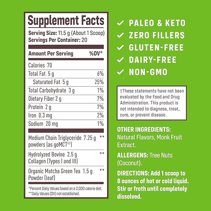 NativePath Matcha Latte Collagen Peptides with MCT Oil - 10g Grass-Fed Collagen &amp Organic Matcha for Energy &amp Focus - Keto No Gluten or Dairy (8.1 oz)