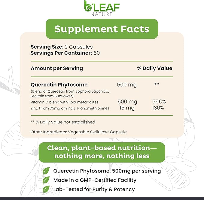 B'LEAF NATURE Quercetin Phytosome 120 Capsules – 1000mg High Absorption Quercetin with Vitamin C and Zinc – Non-GMO Vegetarian Quercetin Supplement for Immune Energy and Seasonal Support