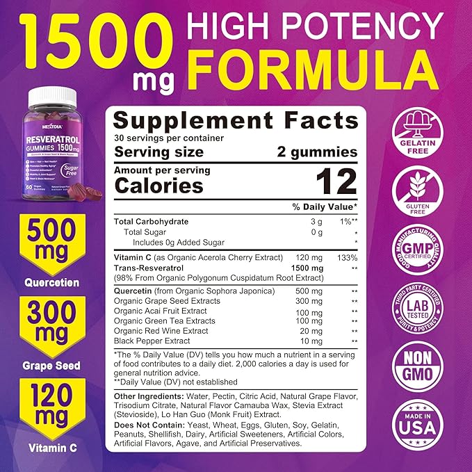 Sugar Free Resveratrol Gummies 1500mg + CoQ10 200mg 100mg Filled Gummies with Magnesium Support Healthy Aging &amp Longevity