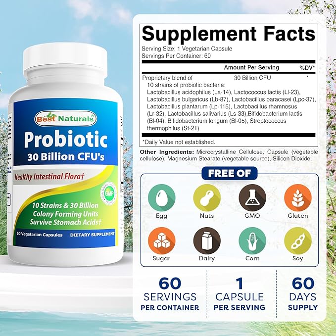 Best Naturals Probiotic 10 Strains &amp 30 Billion CFU Intestinal Flora 60 Veggie Capsules (60 Count (Pack of 3))