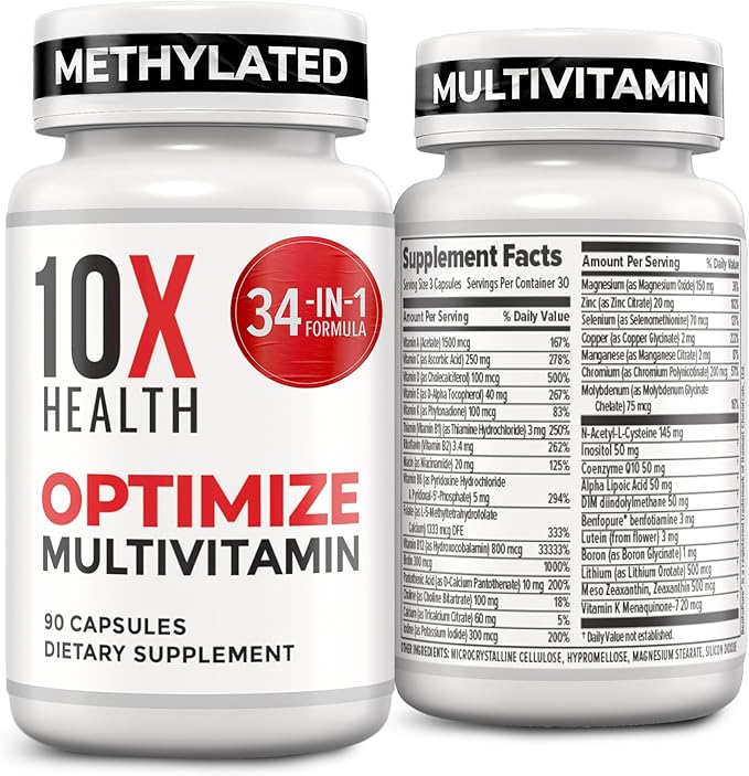 10X Health Optimize Methylated Multivitamin for Men - 90 Capsules 34 in 1 Formula with 800 mcg of Vitamin B12 5-MTHF NAC - Methyl B Complex