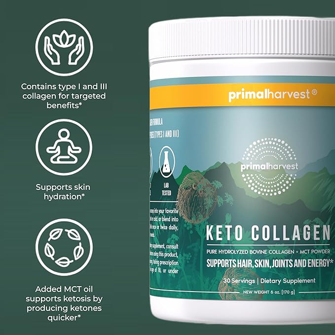 Primal Harvest Keto Collagen Powder with MCT Oil Hydrolyzed Collagen Peptides 10 oz Unflavored Paleo &amp Keto Friendly Protein Supplement