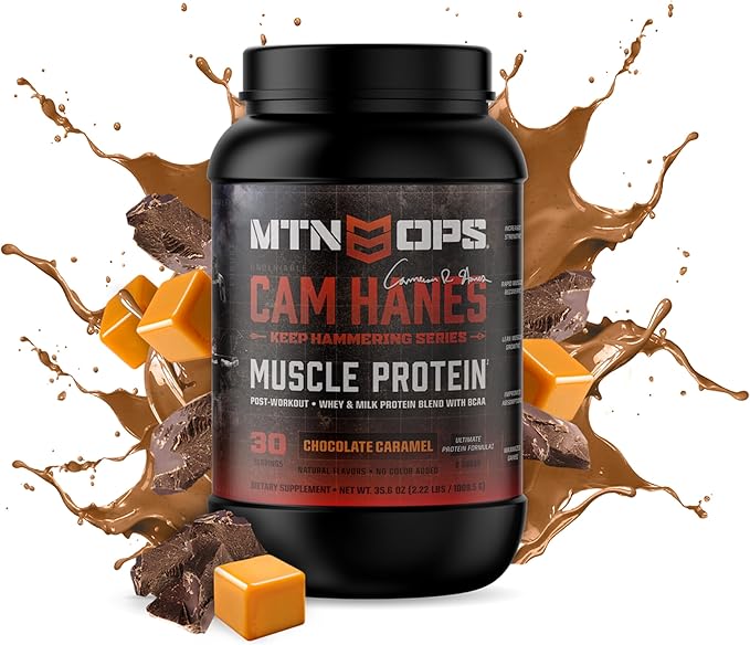 MTN OPS Whey Protein Powder by Cameron Hanes Whey Isolate &amp Concentrate Blend for Muscle Recovery &amp Strength High Protein Shake Chocolate Caramel 30 Servings