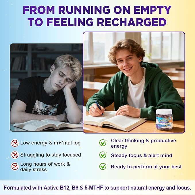 Vitamins B12 &amp B6 Gummies Boost Energy w/Methyl B12 1000mcg L-Methylfolate B6 Omega-3 DHA Magnesium | Methylated B-Complex Multivitamin Supplement for Brain Function &amp Methylation Vegan