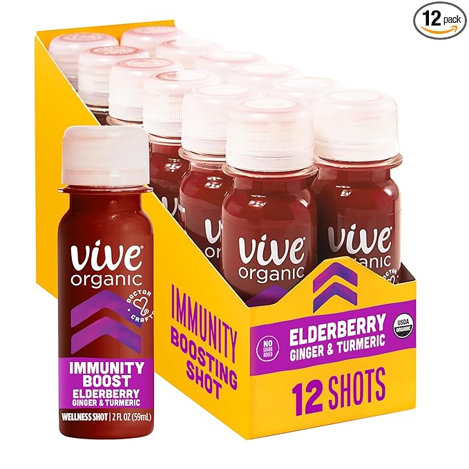Vive Organic Immune Support Elderberry Shot Cold-Pressed Turmeric &amp Ginger Gluten Free Vegan Immunity Boost Elderberry 2 Fl Oz (Pack of 12)