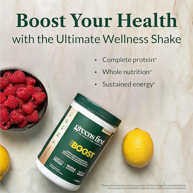 Greens First Boost - Plant-Based Protein &amp Balanced Nutrition - Superfood Shake Mix - No Wheat or Soy - Dairy-Free - Vegan - French Vanilla 12.06 oz. (Pack of 2)