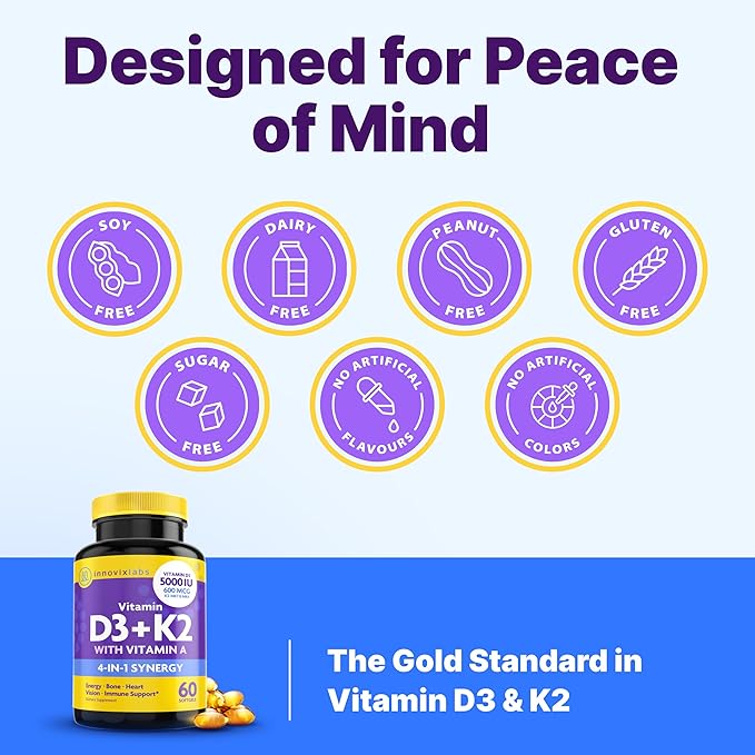 InnovixLabs Vitamin D3 K2-5000 IU Vitamin D3 Plus 600 mcg Vitamin K2 MK4 and MK7 for Max Calcium Absorption Supports Bone Immune Heart Health 3rd Party Tested Gluten Free 60 Softgels