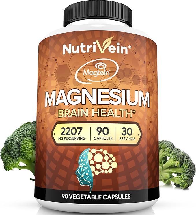 Nutrivein Premium Magtein Magnesium L-Threonate Supplement 2207 mg - 90 Caps (3 a Day): High-Absorption Magnesium Threonate for Brain Sleep Mood &amp Recovery