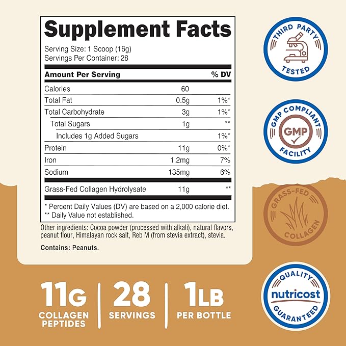 Nutricost Collagen Peptides Powder (Chocolate Peanut Butter Flavored) 1 LB - Grass-Fed Collagen Hydrolysate Gluten-Free