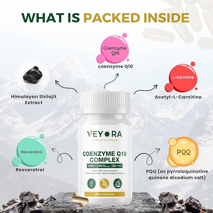 Coenzyme Q10 Complex 60 Veg Capsules Premium CoQ10 + PQQ + ALC + Resveratrol &amp Shilajit Balanced Nutrient Blend for Daily Use