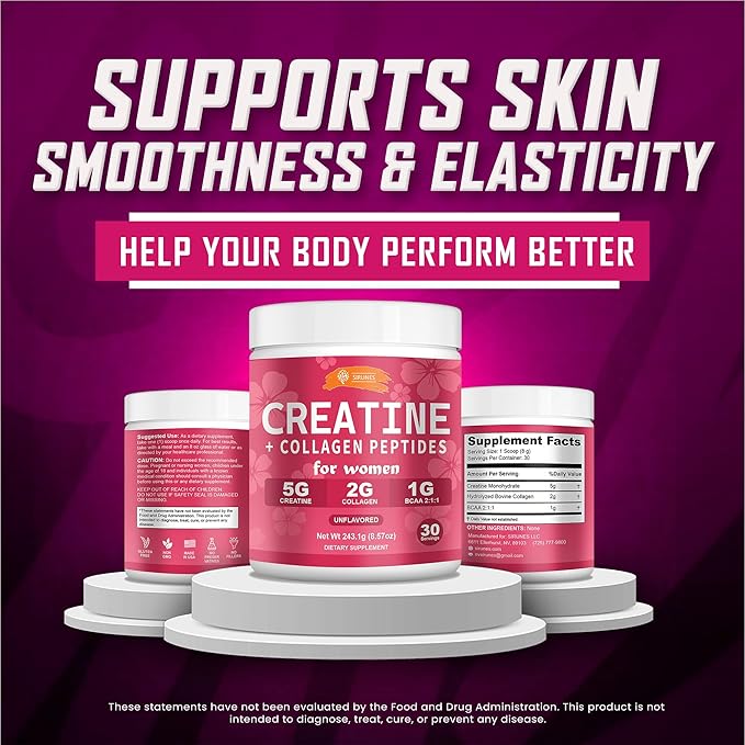 SIRUNES SRUNES Creatine and Collagen for Women – 5g Creatine Monohydrate 2g Collagen Peptides 1g BCAA 2:1:1 – Unflavored Supplement Powder 30 Servings