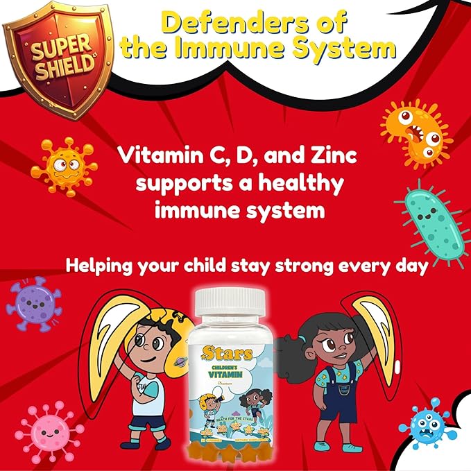 Stars Kids Multivitamin Gummies with Omega 3 Vitamins for Kids with A B C D Plant Based Multi Vitamins for Children Manganese 60 Star-Shaped Multivitamin for Kids Gluten-Free Gummy Vitamins