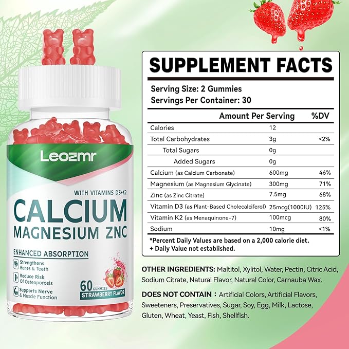 Calcium Magnesium Zinc Gummies with Vitamin D3 &amp K2 - High Potency Enhanced Absorption -120 Strawberry Gummies Flavored