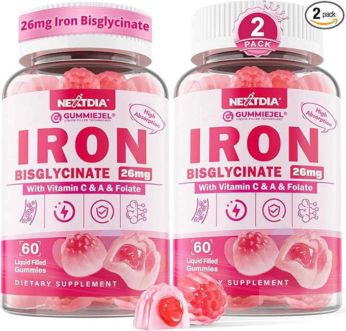 Iron Bisglycinate 26mg Filled Gummies- Gentle Beet Root Iron Gummy plus Vitamin C Supplement Iron with B12 &amp Folate for Women &amp Men Iron Deficiency Immune &amp Energy Support Sugar-Free