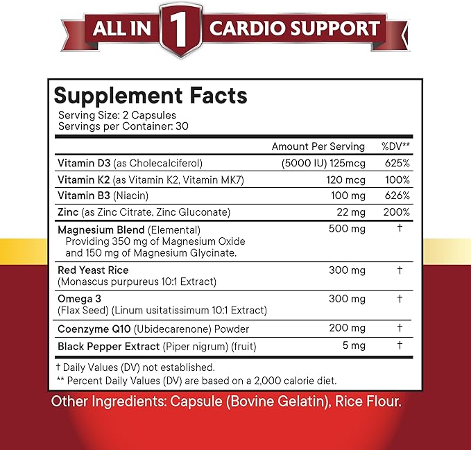 NEW AGE COQ10 200mg Red Yeast Rice Omega 3-6-9 Magnesium Complex Zinc Vitamin K2 D3 - Support Vitamins for Women and Men with Vitamin B3 Coenzyme Q10-180 Count