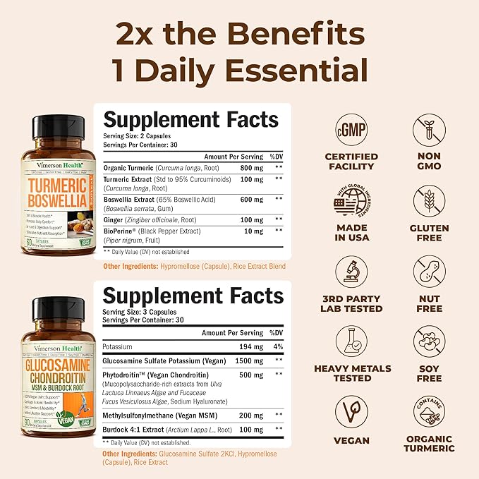 Joint Support Bundle – 2-Pack Organic Turmeric Supplement with 95% Curcuminoids + 65% Boswellia Extract Ginger Root &amp Black Pepper (BioPerine) + Vegan Glucosamine Chondroitin MSM – 60 + 90 Capsul