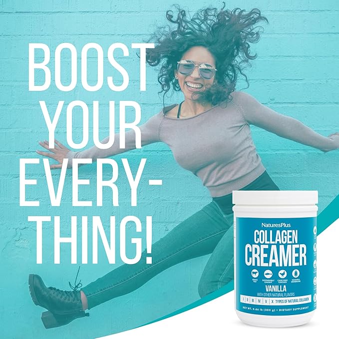NaturesPlus Collagen Creamer Vanilla - 0.66 lb Powder - Hair Skin Nail &amp Joint Health Immune System Support - Non-GMO Gluten Free - 12 Servings