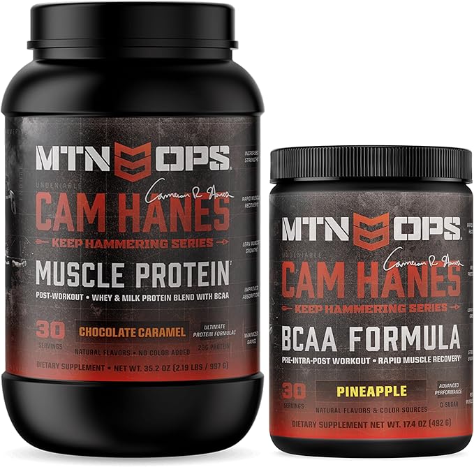 MTN OPS Cam Hanes Whey Protein &amp Pineapple BCAA Bundle – Chocolate Caramel Protein Powder + Amino Acids – Cameron Hanes Muscle Recovery &amp Endurance Support Stack