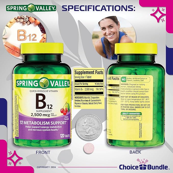 Spring Valley Vitamin B12 Quick Dissolve Tablets 2500 Mcg B Vitamins Complex 120 Ct 4 pk (480 Total) + Vitamin Vitality &amp Pill Container (6 Items)!