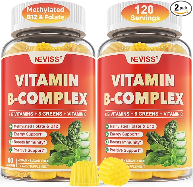 NEVISS Vitamin B Complex with B1 B2 B3 B5 B6 B7 B9 B12 C Zinc &amp Organic Greens Blend - Methylated B Complex Gummies Supplements for Energy Immune Support and Focus -Sugar Free 2-Pack