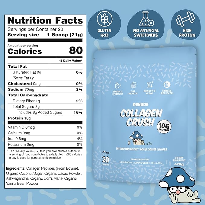 Renude Collagen Crush - Creamer Powder for Coffee Grass-Fed Bovine Collagen Peptides 10g Protein per Serving Support for Hair Skin Gut Health with Natural Adaptogens 20 Serving Bag