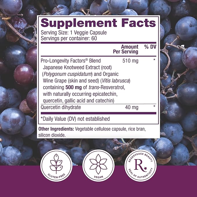 Reserveage Beauty Resveratrol 500 mg Antioxidant Supplement for Heart and Cellular Health Supports Healthy Aging and Immune System Paleo Keto 60 Capsules