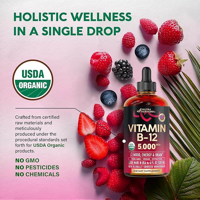 USDA Organic Vitamin B12 Sublingual Drops - 5000 mcg Liquid Vegan Methylcobalamin for Women &amp Men - Energy Boost Focus &amp Mood Brain Health Support - Maximize Absorption - 4 Month Supply 4 f
