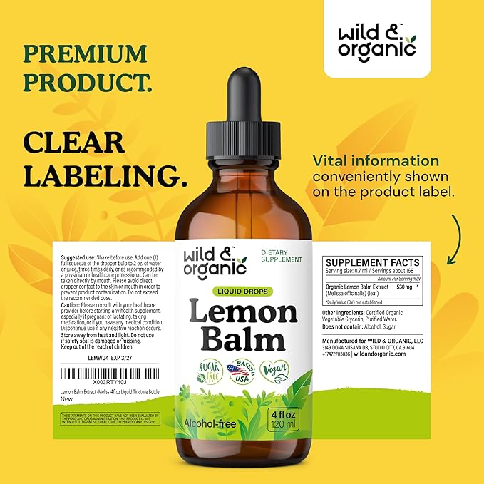 Wild &amp Organic Lemon Balm Tincture - Good Mood Support - Melissa Lemon Balm Extract Drops - Add to Tea for Relaxation - Vegan Sugar &amp Alcohol-Free Leaf Supplement - 4 fl oz