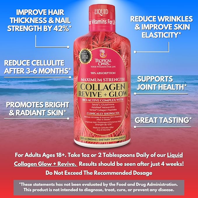 Tropical Oasis Liquid Collagen Glow for Women &amp Men | 5000mg VERISOL Collagen Peptides + 12500mcg Biotin | Clinically Tested for Thicker Hair Brighter Skin Wrinkles &amp Stronger Nails | 32 Ser