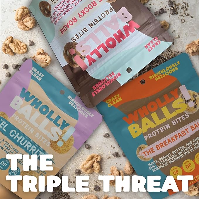 Wholly Balls Protein Bites – Healthy Plant-Based Snack | High Protein Low Sugar Gluten-Free Energy Balls (Pack of 3 Triple Threat)