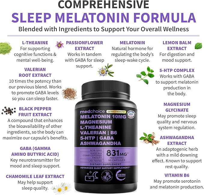 12-in-1 Melatonin Sleep Capsules - 10mg Melatonin Extra Strength with Magnesium and Balanced Blend of Ashwagandha GABA Chamomile Extract L-Theanine &amp Valerian Root 10:1 Extract (90ct Pack of 2