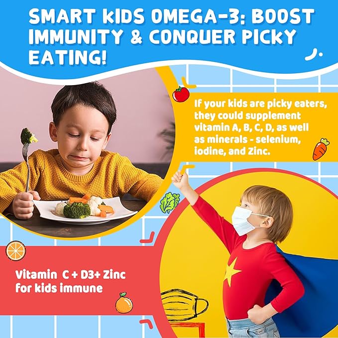 Omega 3 (EPA/DHA) Filled Gummies for Kids with Multivitamin Calcium + D3 + K2 + Zinc Plus Vitamin A B1 B2 B12 C Selenium Iodine for Brain Eye Bone Energy No Fish Taste 2 Pack
