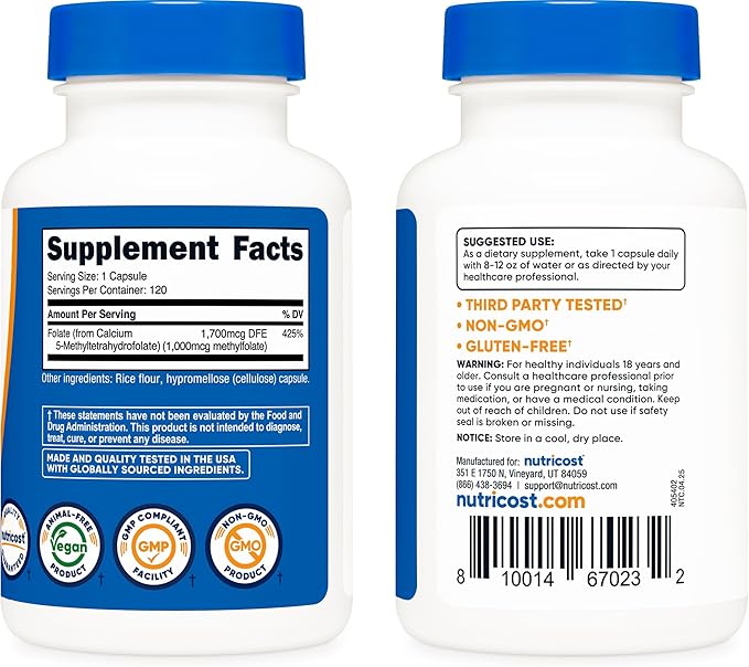 Nutricost Methylfolate 1000mcg 120 Vegetarian Capsules - Gluten Free Non-GMO (Pack of 2)