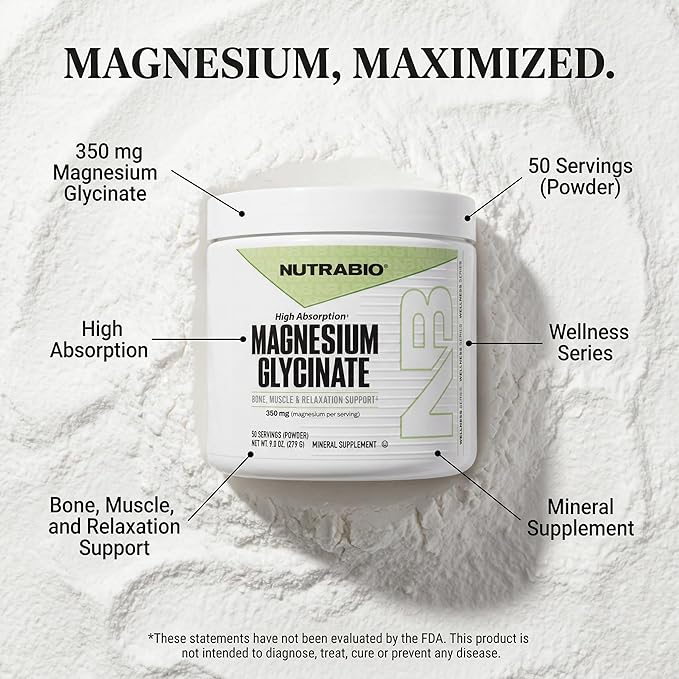 NutraBio Magnesium Glycinate Powder for Sleep- Sleep Supplement Supports Relaxation Heart Health and Metabolism- 350 mg- Unflavored Drink Mix- 50 Servings