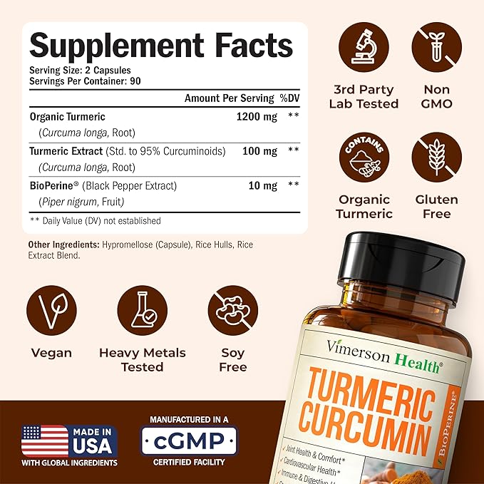 Turmeric Curcumin Supplement with Black Pepper Extract - High Potency Organic Turmeric 1200mg &amp 95% Curcuminoids for Joint &amp Digestive Health - Joint Support Supplement - 180 Vegan Curcuma Cap