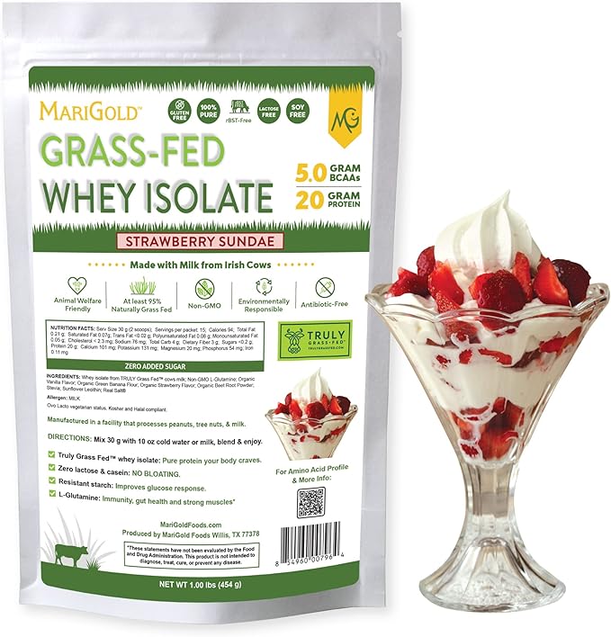 MariGold Grass-fed Whey Protein Isolate Powder - Strawberry Sundae Flavor - 1 Lb Bag | 100% Pure Cold-Processed Micro-Filtered Undenatured Non-GMO rBGH Free Soy Free Gluten Free Lactose Free