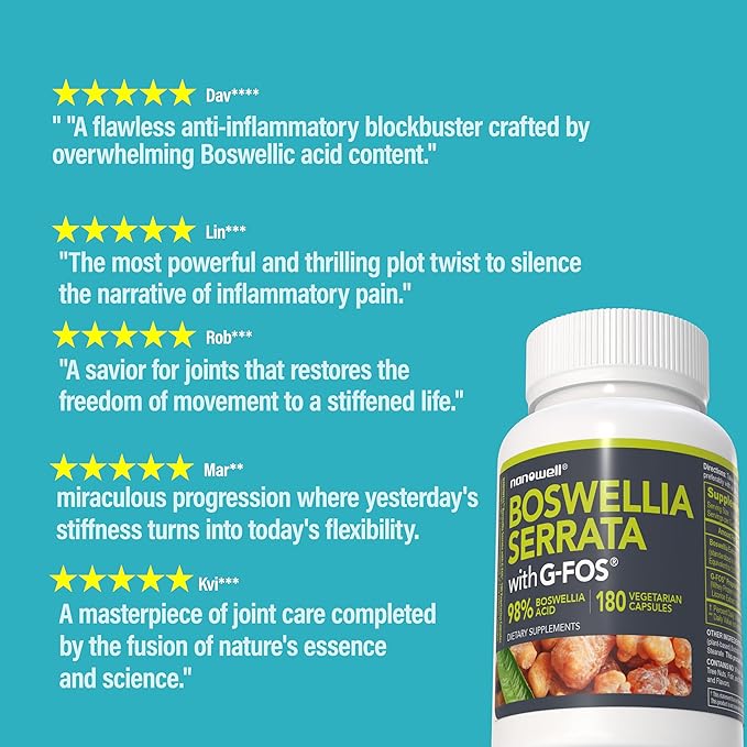 NANOWELL Boswellia Serrata with G-FOS - 98% Boswellic Acid - Supports Joint &amp Mobility Health - 180 Vegan Capsules 180 Day Supply