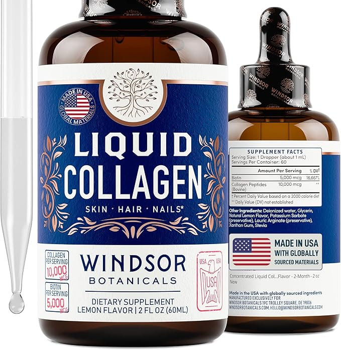 WINDSOR BOTANICALS Vitamin B12 Liquid and Liquid Collagen with Biotin - Energy and Wellness Bundle