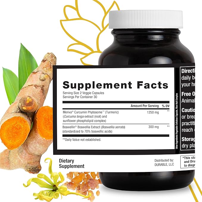 Durable Turmeric - 1250 mg Meriva Curcumin 29X More Absorption + Boswellia – Joint Comfort Mobility &amp Healthy Inflammation – Doctor Formulated Vegan Non-GMO Made in USA (60 Capsules)
