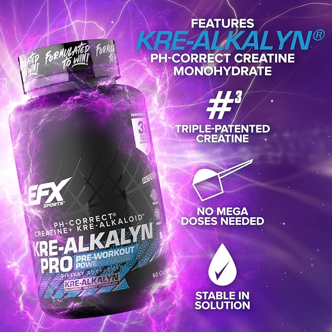 EFX Sports Kre-Alkalyn Pro | pH Correct Creatine Monohydrate Pill Supplement | Muscle Building Pre Workout for Men &amp Women | 30 Servings 60 Capsules