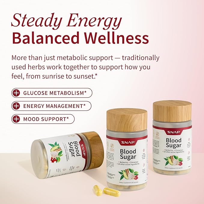 Snap Supplements Blood Sugar Blend with Berberine CoQ10 Cinnamon and Gymnema to Support Already Healthy Blood Sugar Metabolic Health and Energy Sugar Free 60 Capsules 2-Pack (Packaging May Vary)