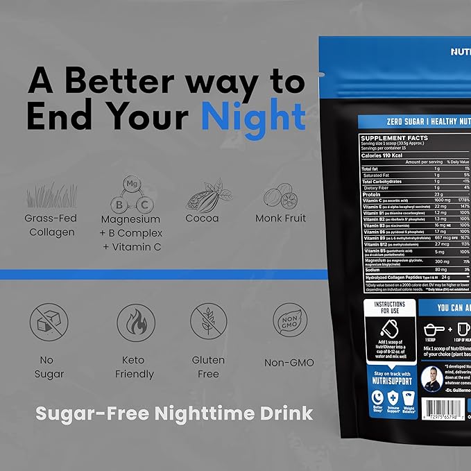 NutriDinner by Nutrillermo | Grass-Fed Collagen Protein Powder | Magnesium B-Vitamins &amp Monk Fruit | Sleep Recovery and Wellness Supplement |