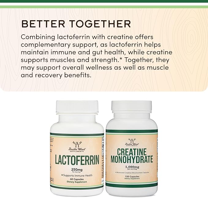 Lactoferrin 250mg per Serving (60 Capsules) Patented Bioferrin Lactoferrin - Superior Iron Supplement for Iron Deficiency and Immune Support by Double Wood Supplements (Pack of 2)